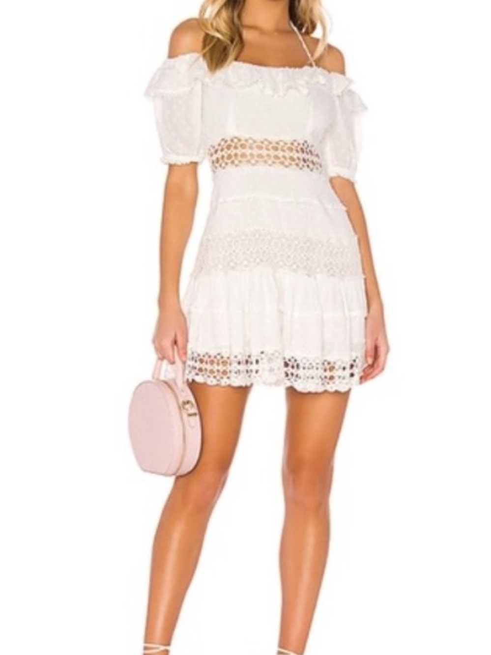 White Off-Shoulder Crochet Trim Mini Dress